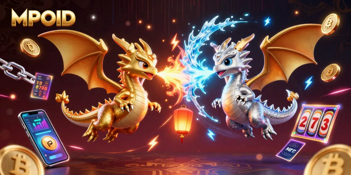 MPOID illuminates a vibrant casino scene with intertwined dragons, Bitcoin coins, and slot reels.