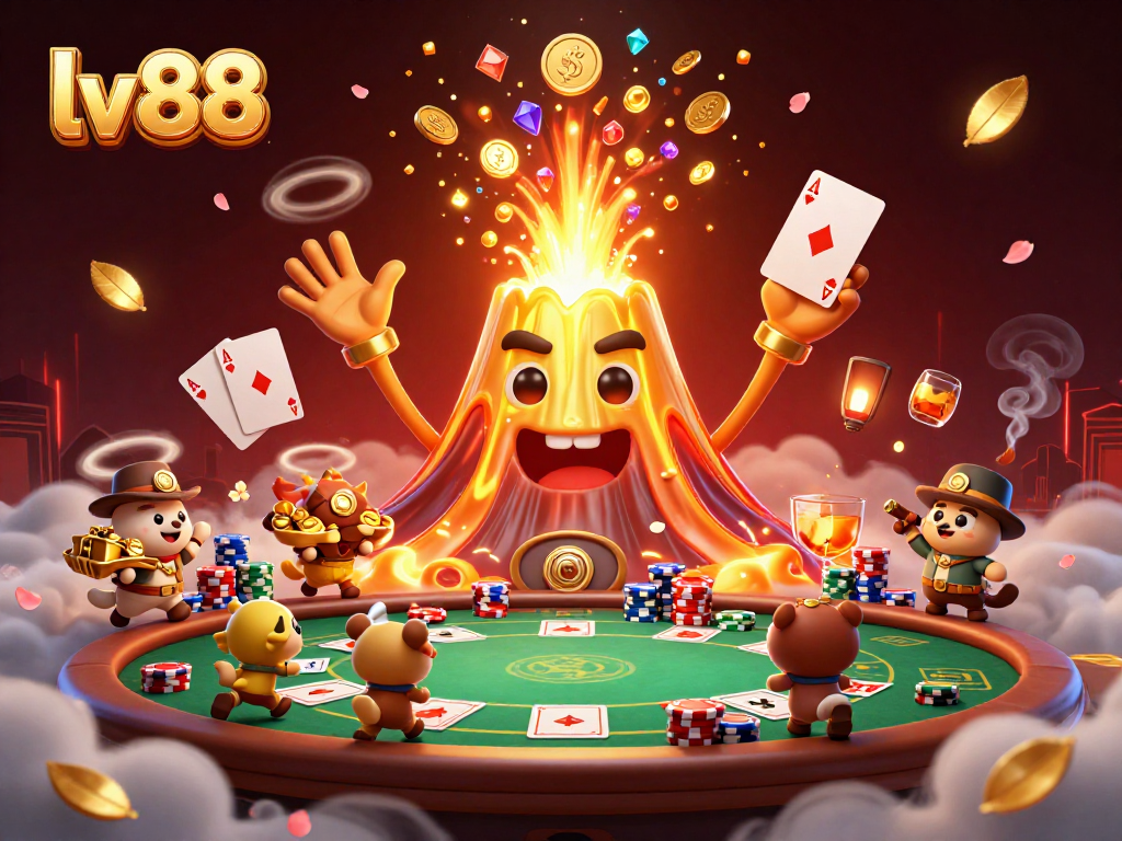 Engage in thrilling adventures with lv 88 exploring vibrant poker scenes featuring treasure-filled volcanoes.