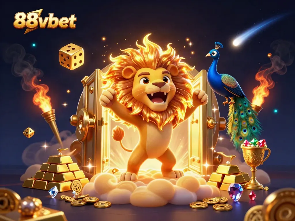 Experience the thrilling world of 88vbet with a vibrant 3D casino illustration showcasing a roaring sun lion, golden dice, and dynamic treasure elements.