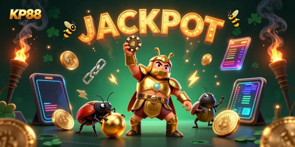 Participate in KP88's exhilarating gaming experience featuring dynamic characters and vibrant casino elements.