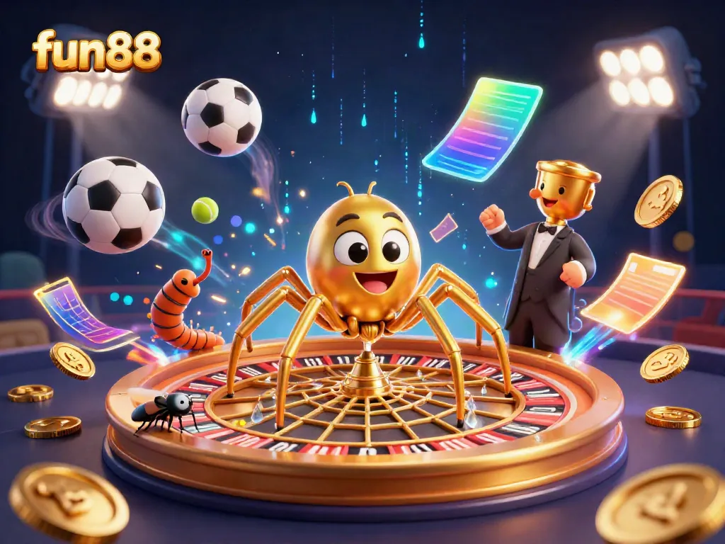 Experience fun88's interactive gambling scene with dynamic betting action amidst sports elements and neon visuals.