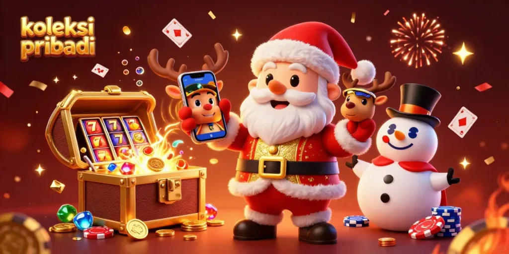 Koleksi pribadi showcases a festive 3D cartoon scene with casino elements, featuring Santa, a reindeer dealer, and a snowman.