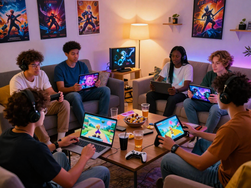 Friends enjoying diverse porn ganes in a cozy living room setting filled with colorful game screens.