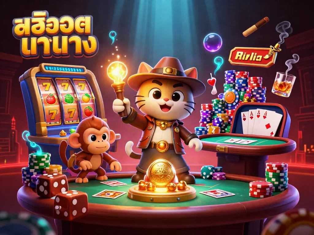 Explore สล็อตแท้ตรง with a dynamic casino scene featuring a treasure-hunting cat and thrilling game elements.