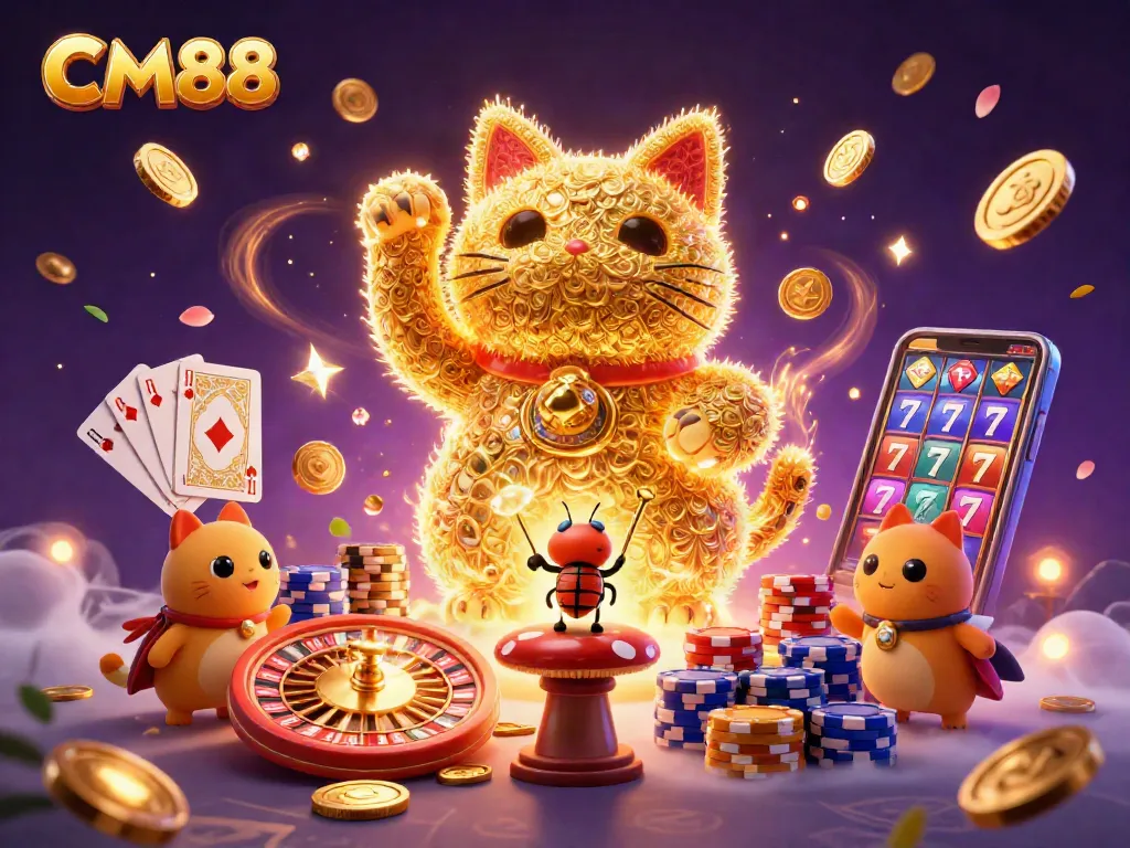 Experience the thrill of CM88 with a vibrant lucky cat and dynamic casino elements.