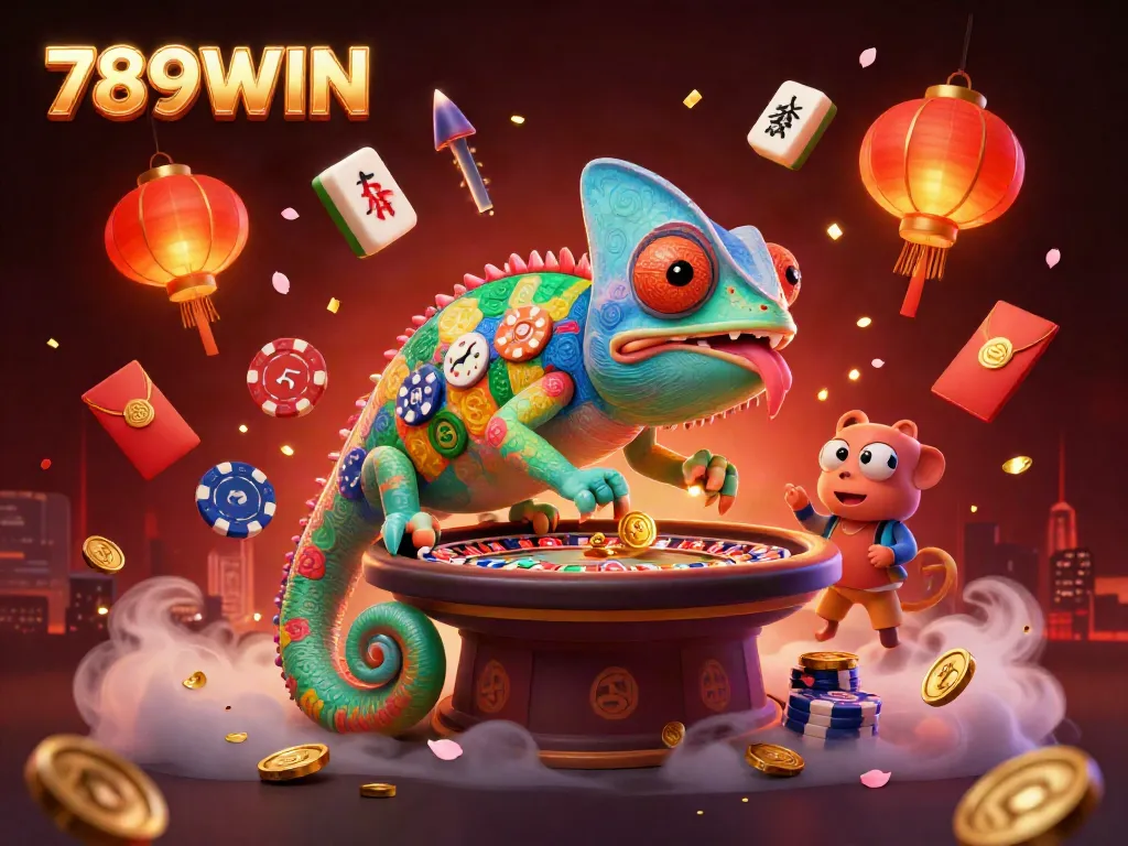 Engage in thrilling 789WIN casino adventures with a vibrant chameleon character amidst festive elements.