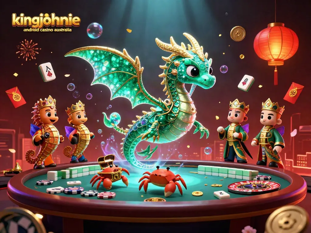 Experience the kingjohnnie android casino australia in vivid action with a gold-accented 3D sea dragon and casino elements.