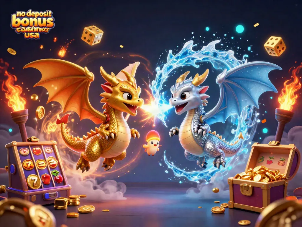 Engage with the no deposit bonus casino usa scene featuring dragons unleashing flames and ice surrounded by vibrant casino elements.