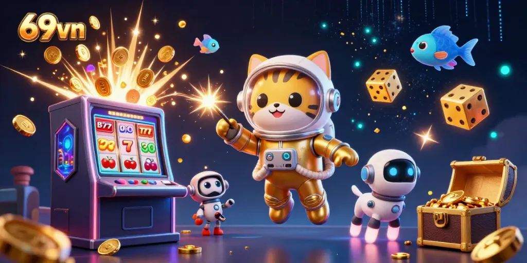 Engage with thrilling gameplay at 69vn, featuring a dynamic scene of a floating astronaut cat amidst casino elements.