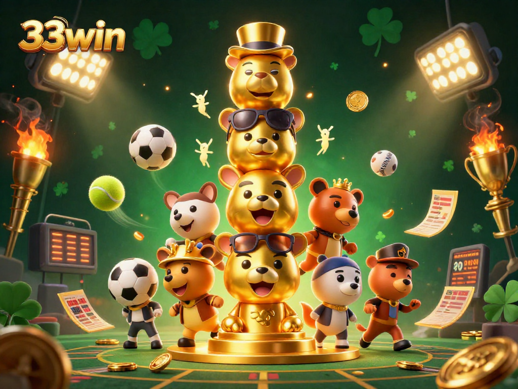 Engage with exciting gambling at 33win, surrounded by dynamic sports elements and golden trophies.
