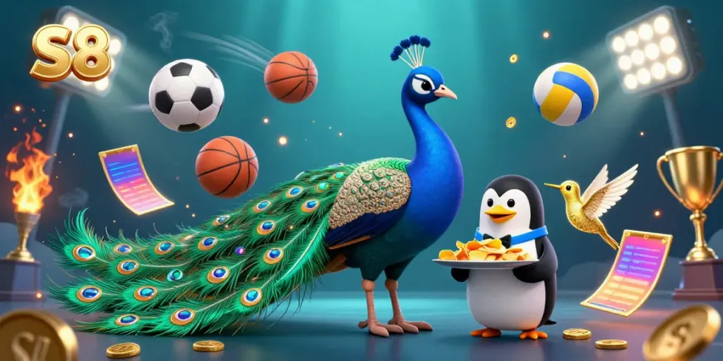 S8 casino scene illustrating winning sports betting dynamics with colorful animations and characters.