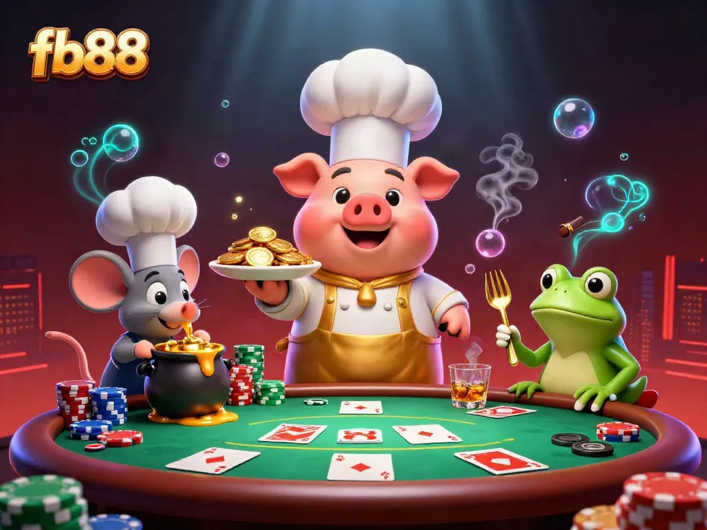 Play poker with fb88 as a chef pig serves gold coins in an engaging 3D casino scene.