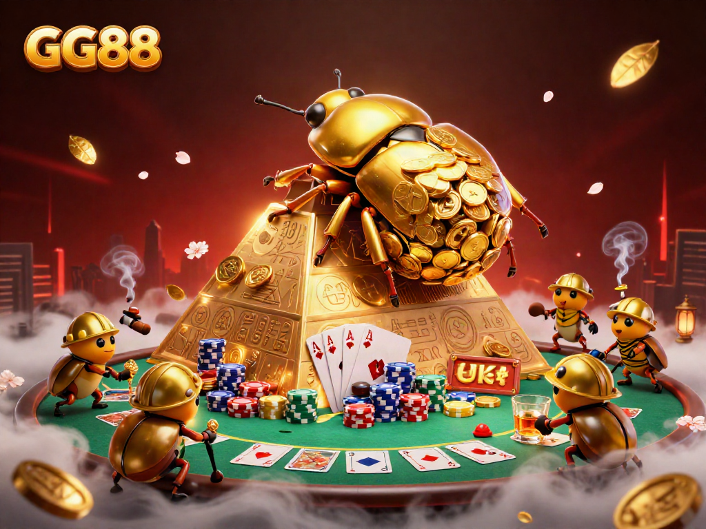 Experience GG88 excitement with a vibrant casino scene filled with golden coins and poker elements.