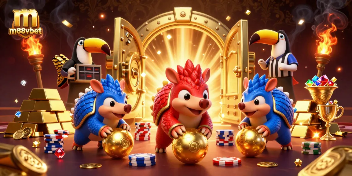 Engage with m88vbet as rival pangolins roll through a vibrant casino-themed scene.