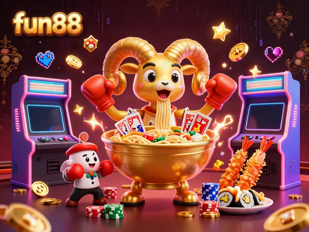 Engage with fun88 in this vibrant 3D scene featuring a golden ramen bowl, sushi dealers, and lively game elements!