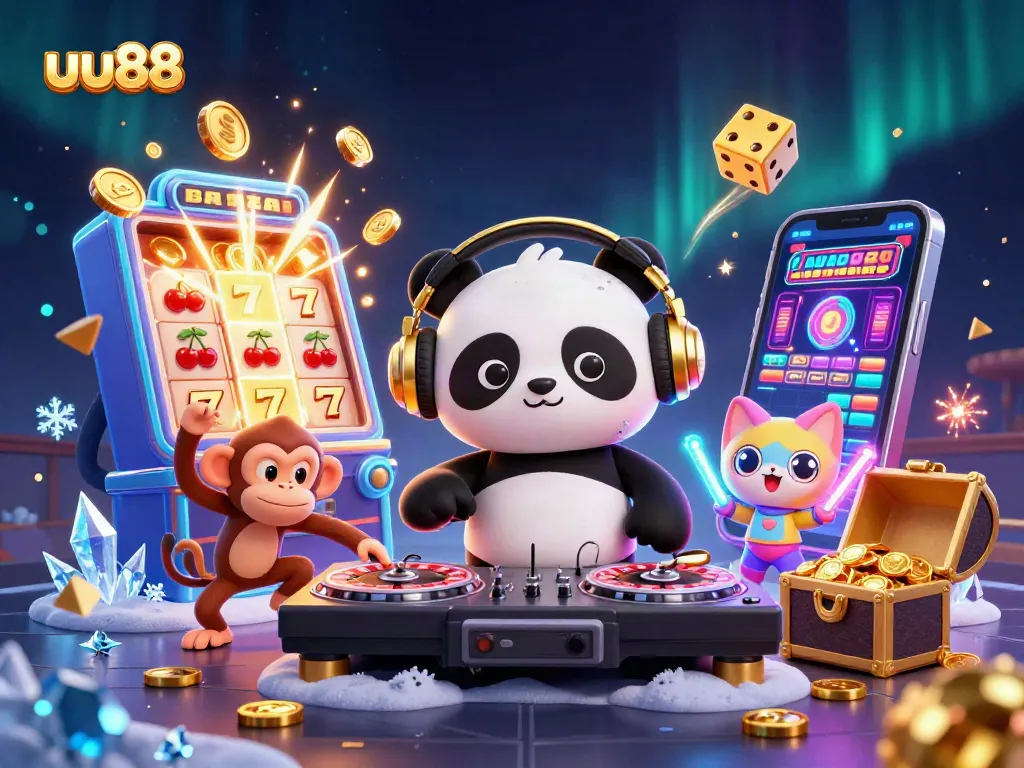 Play thrilling games at uu88, where a DJ panda spins on roulette wheels, surrounded by jackpot treasures.